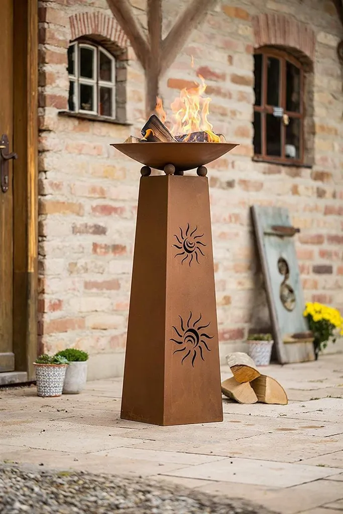 Colonne Métal Rouillé Design Soleil + Corbeille à Feu - Décoration