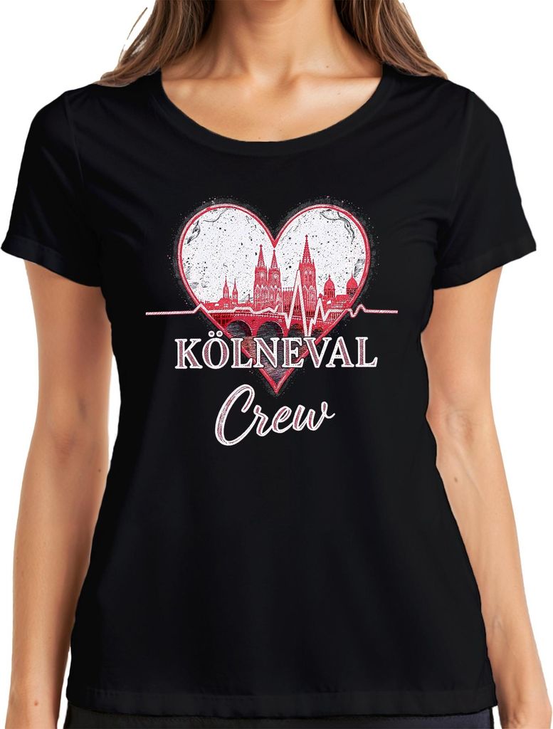 Kölneval Crew Köln Dom Karneval Alaaf Herz Skyline Fastelovend Damen T-Shirt, Schwarz, L