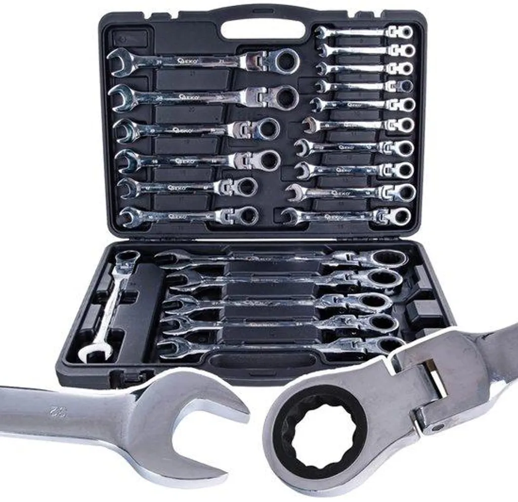 Coffret de clés mixtes à cliquet inclinables GEKO pour garage auto