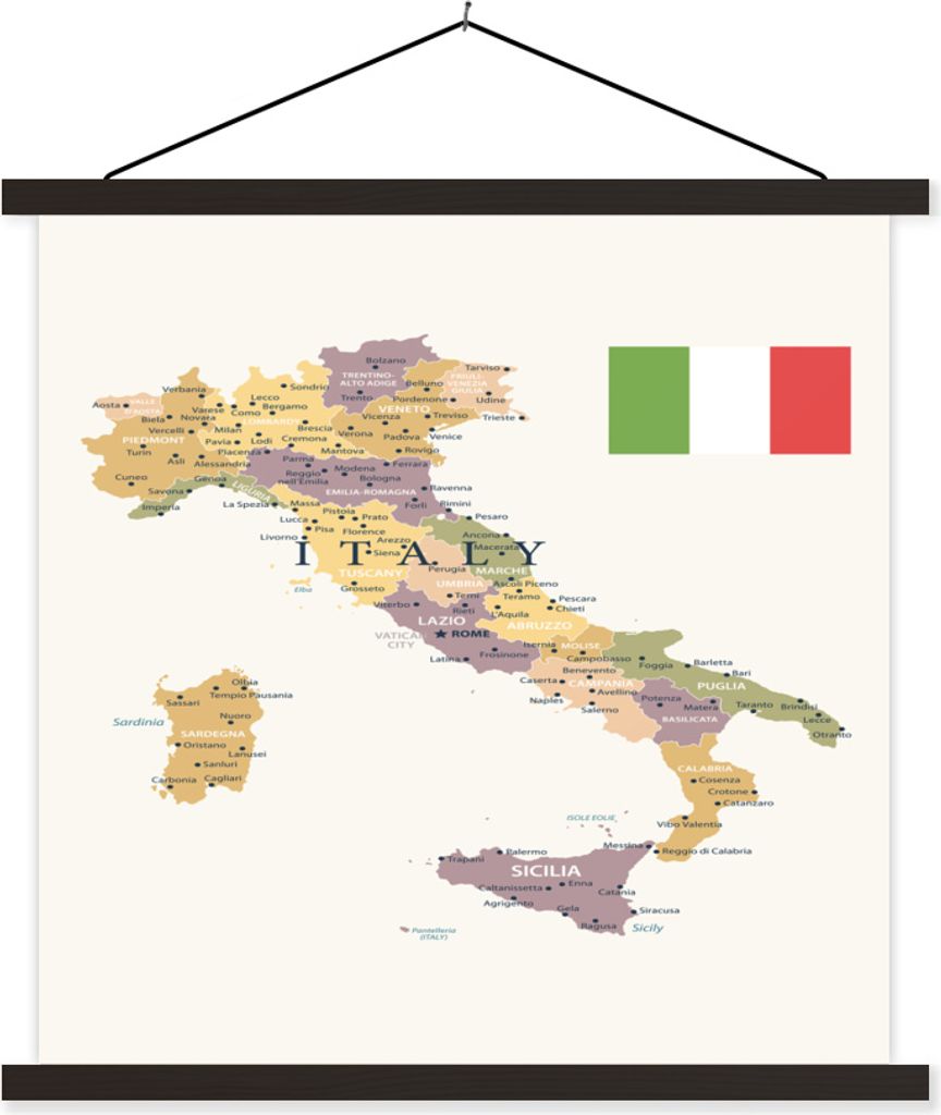 MuchoWow Textilposter Karte von Italien 60x60 cm mit schwarzem Rahmen - Posteraufhänger