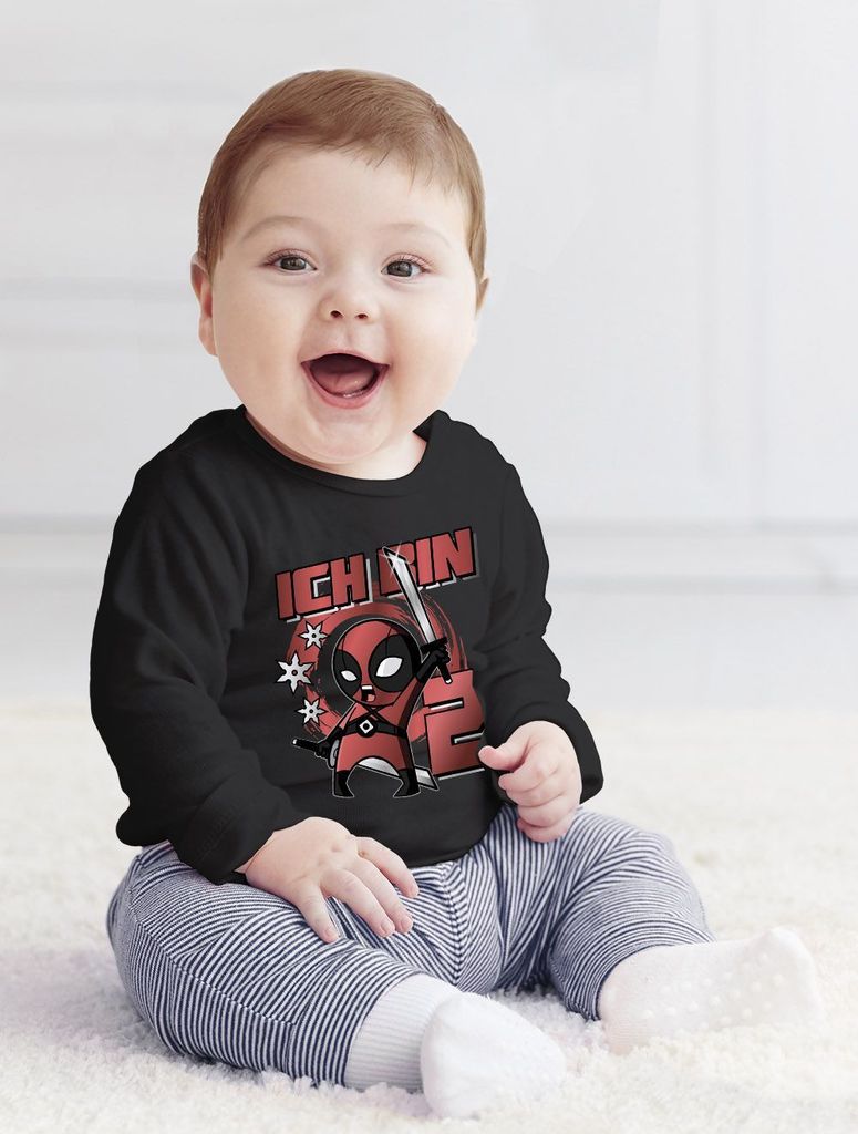 Baby Langarmshirt erster Geburtstag Spruch Ich bin 1 | ich bin 2 Comic-Figur Actionfilm lustig Jungen Moonworks 2 Jahre schwarz 68/74 (4-9 Monate)