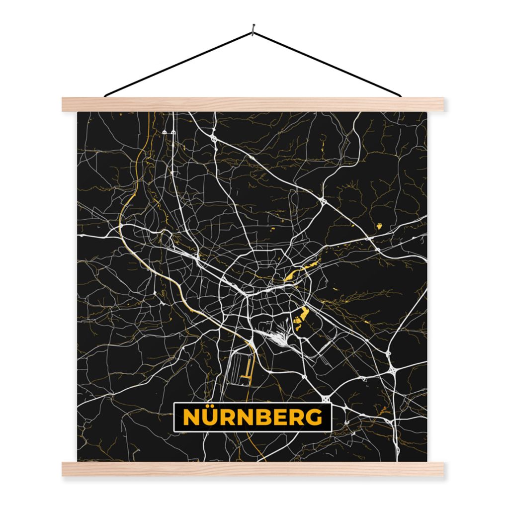 MuchoWow Textilposter Nürnberg - Stadtplan - Karte - Gold - Deutschland 60x60 cm mit holzfarbenen Rahmen - Wanddekoration