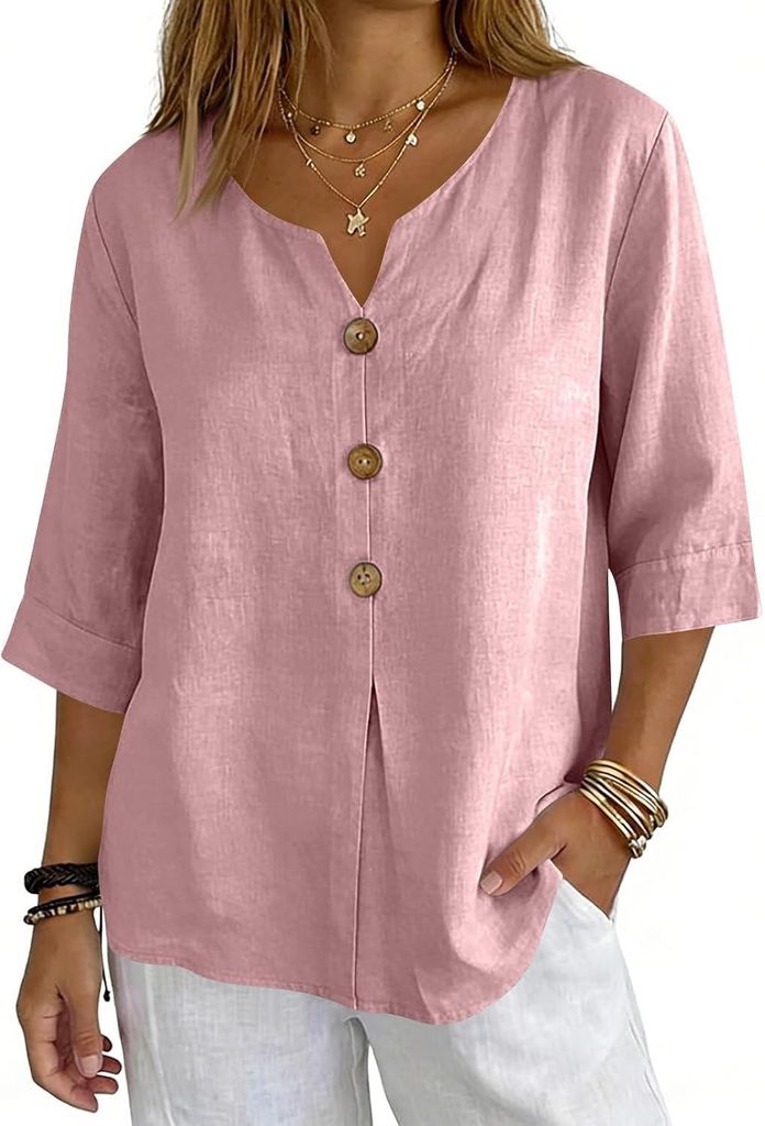 ASKSA Musselin Bluse Damen 3/4 aermel Sommerbluse Oversized Elegant V-Ausschnitt Tshirts Hawaii Hemd Leichte Kurzarm Bluse Top (Rosa,L)