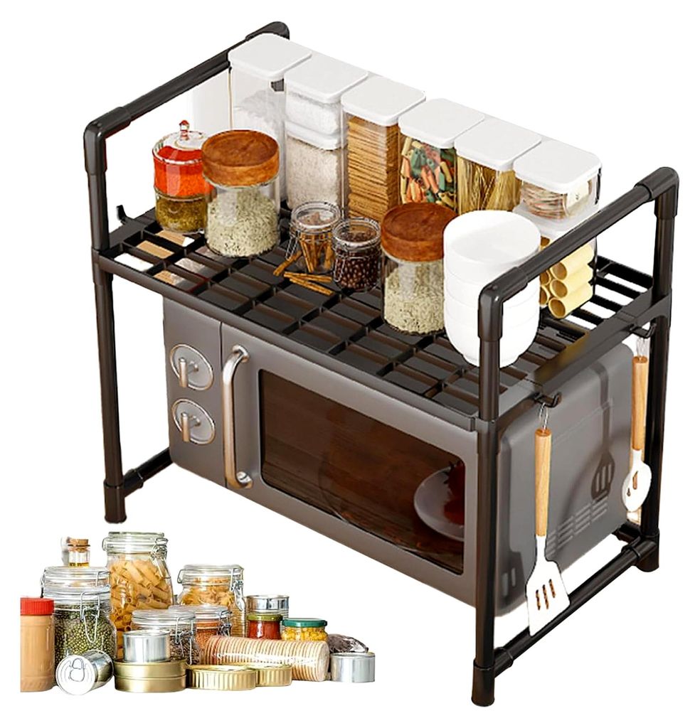 Mikrowellenregal mit Haken, erweitertes Gewürzregal, doppellagig, Halter für Brotmaschinen für Zuhause, Speisekammer, Wohnheim, täglicher Gebra...