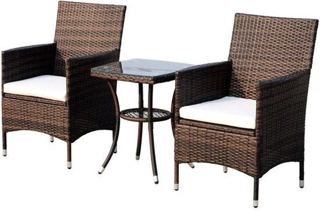 Salon de jardin 2 personnes marron avec table et coussins moelleux