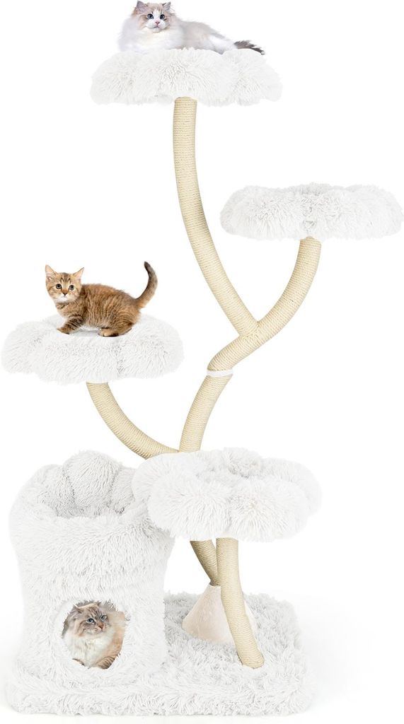 GOPLUS 165 cm Kratzbaum, mehrstufiger Katzenbaum mit 4 blumenförmigen Plattformen, 1 Höhle & 1 Katzenbett, Beige