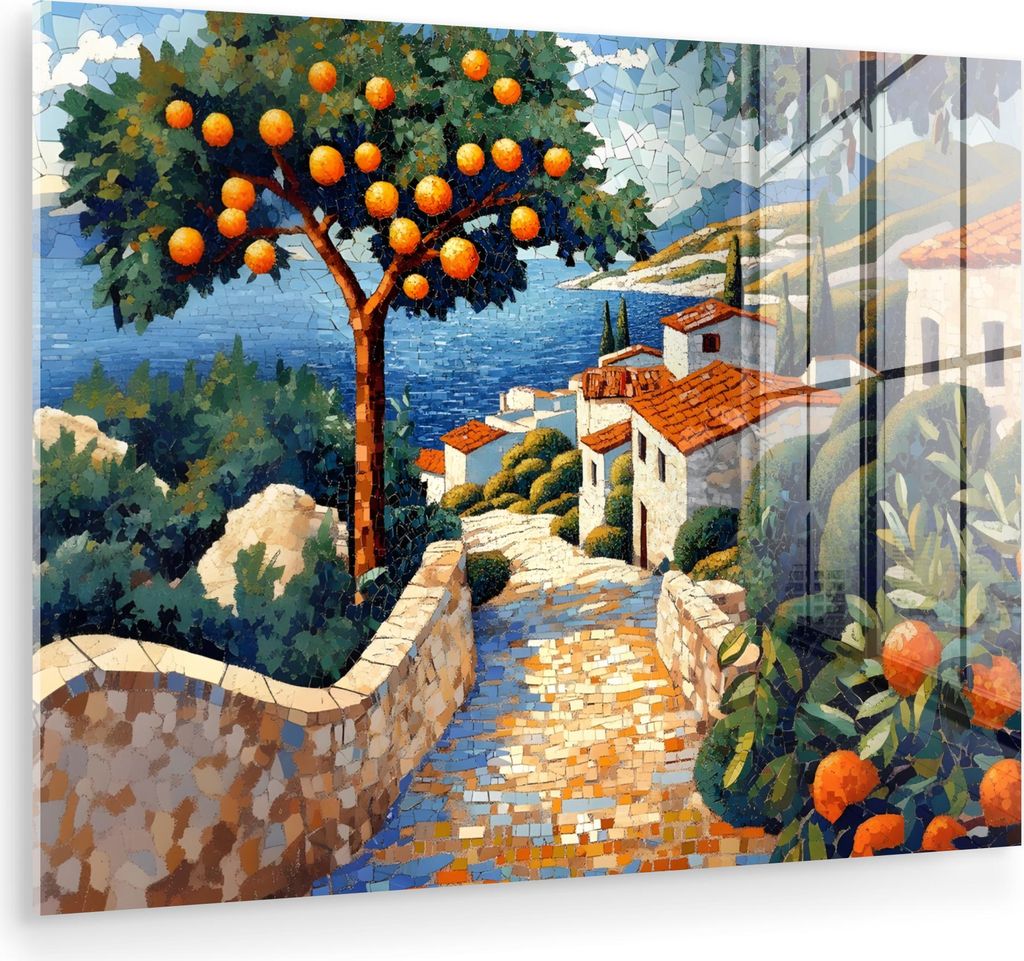 MuchoWow Glasbilder - Bilder auf Wandbild - Foto auf Glas Häuser - Mosaik - Orangenbäume - Meer 80x60 cm Wanddekoration aus Glas - Acrylglasbild ...