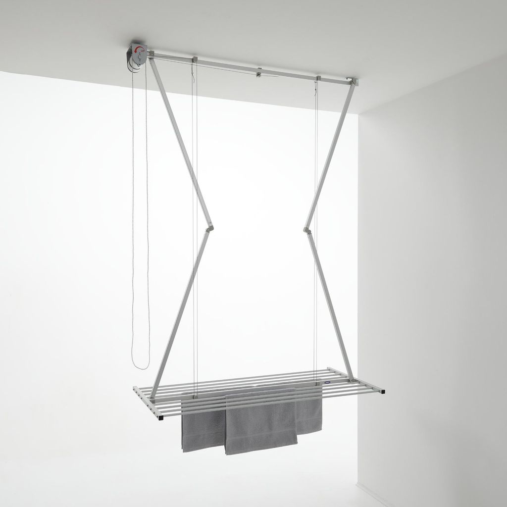 A ceiling-mounted clothes drying rack with towels hanging on it, set against a plain white background.