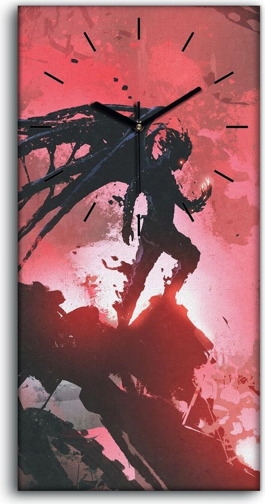 Wandbild Leinwand Bilder mit Uhr 30x60 Kunst schwarzer Teufel der auf Ruinen - schwarze Hände