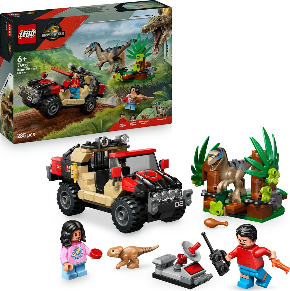 LEGO Jurassic World Raptor: Verfolgungsjagd mit dem Geländewagen – 2 Dinosaurier Figuren, Auto, 2 Minifiguren – Geschenk für Jungen und Mädc...