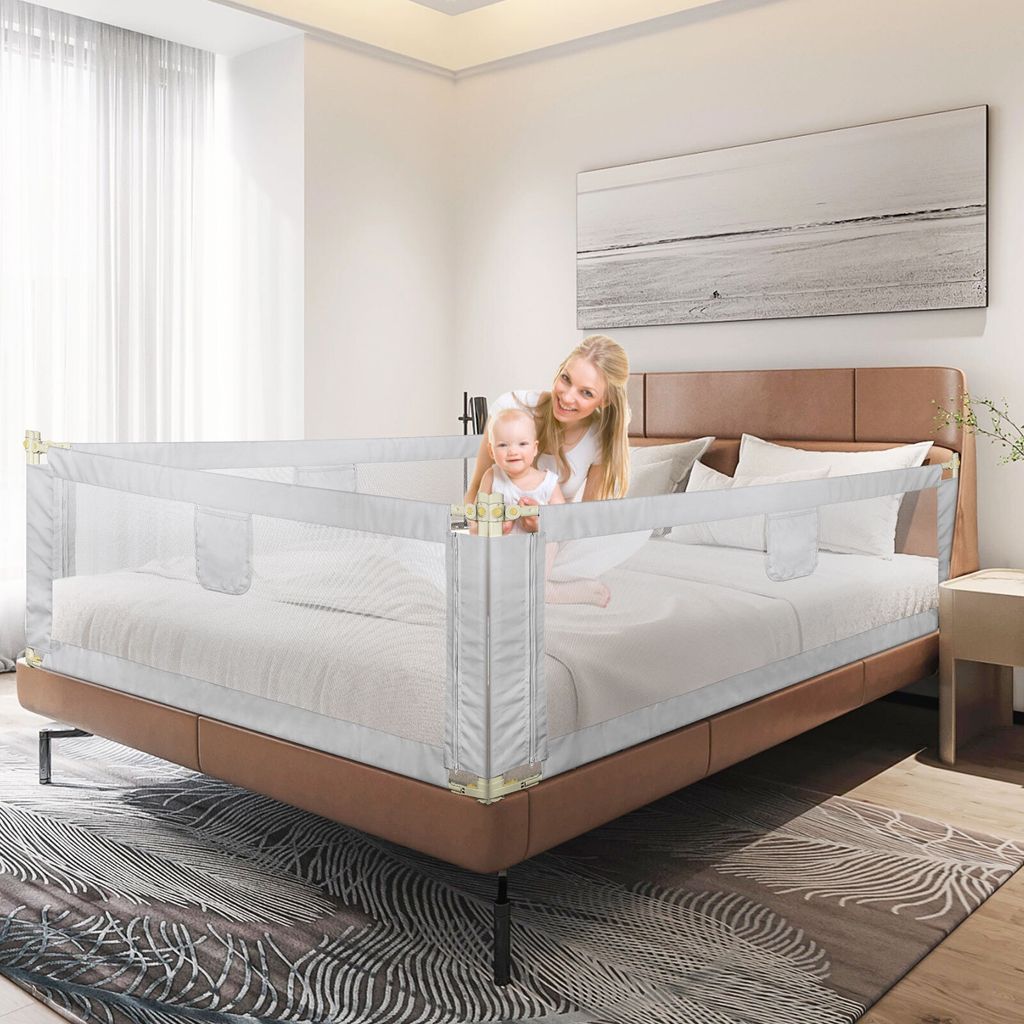 3 Seiten 200cm Baby Bettgitter Kinder Bettgitter Bettschutzgitter Höhenverstellbar Rausfallschutz für Bett hellgrau