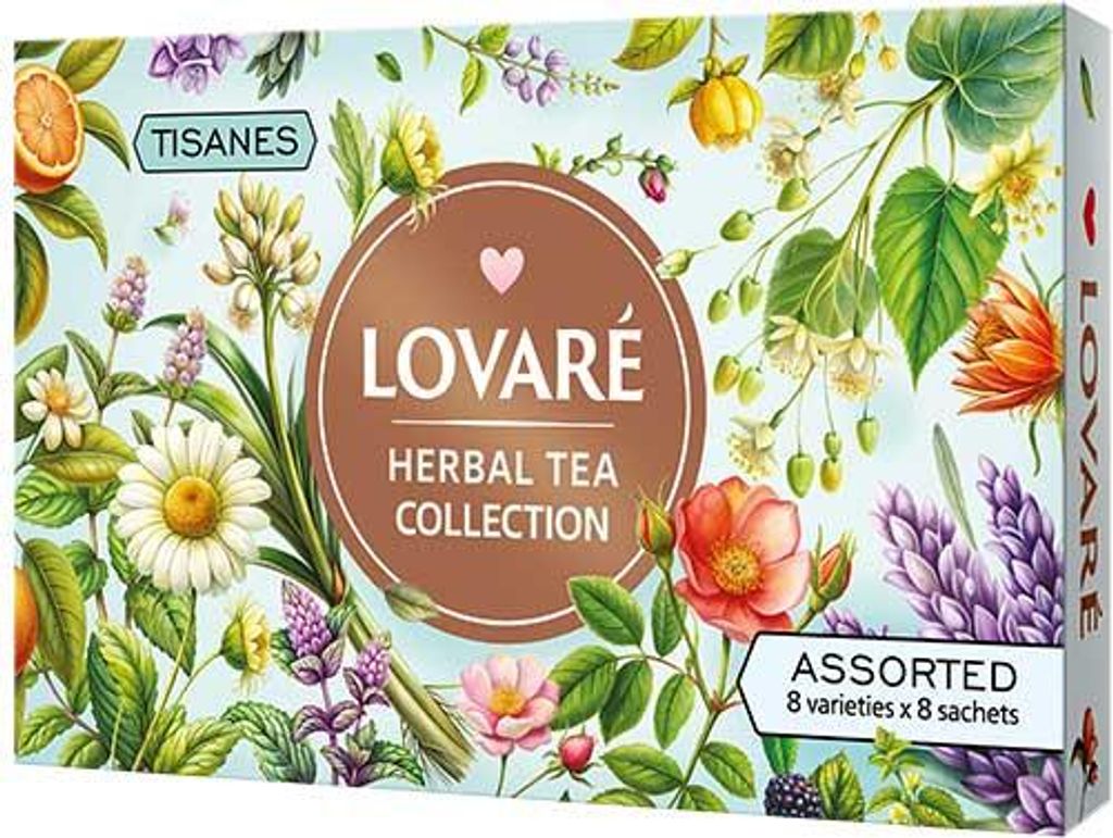 A box of Lovare Herbal Tea Collection with assorted varieties.