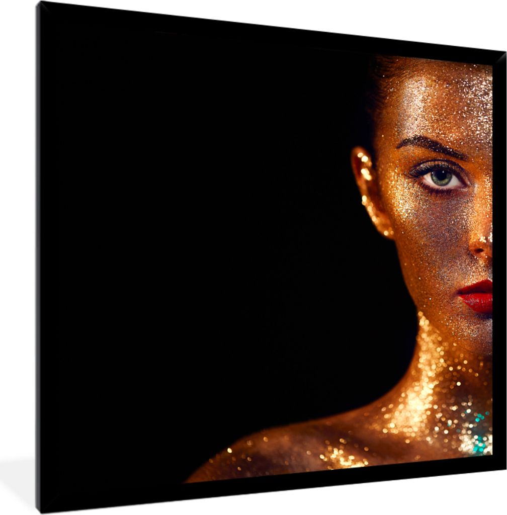 MuchoWow MuchoWow Gerahmtes Poster Make-up - Gold - Frau - Luxus - Glitzer - Kunst 40x40 cm - Poster mit zchwarzem Bilderrahmen - Mit Rahmen - ...