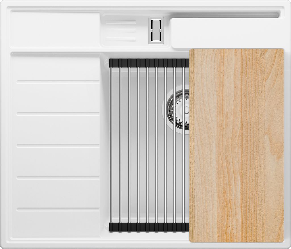 PRIMAGRAN Spülbecken Weiß 62x53cm, Granitspüle 1 Becken + Ablauf-Set + Küchenzubehörset, Küchenspüle ab 45er Unterschrank - Sydney Pocket