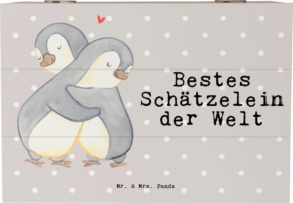 Mr. & Mrs. Panda Holztruhe Pinguin Bestes Schätzelein der Welt 22 x 15 cm - Grau Pastell - Geschenk, Geschenkbox, fotobox, schmuckbox, Box, gesche...