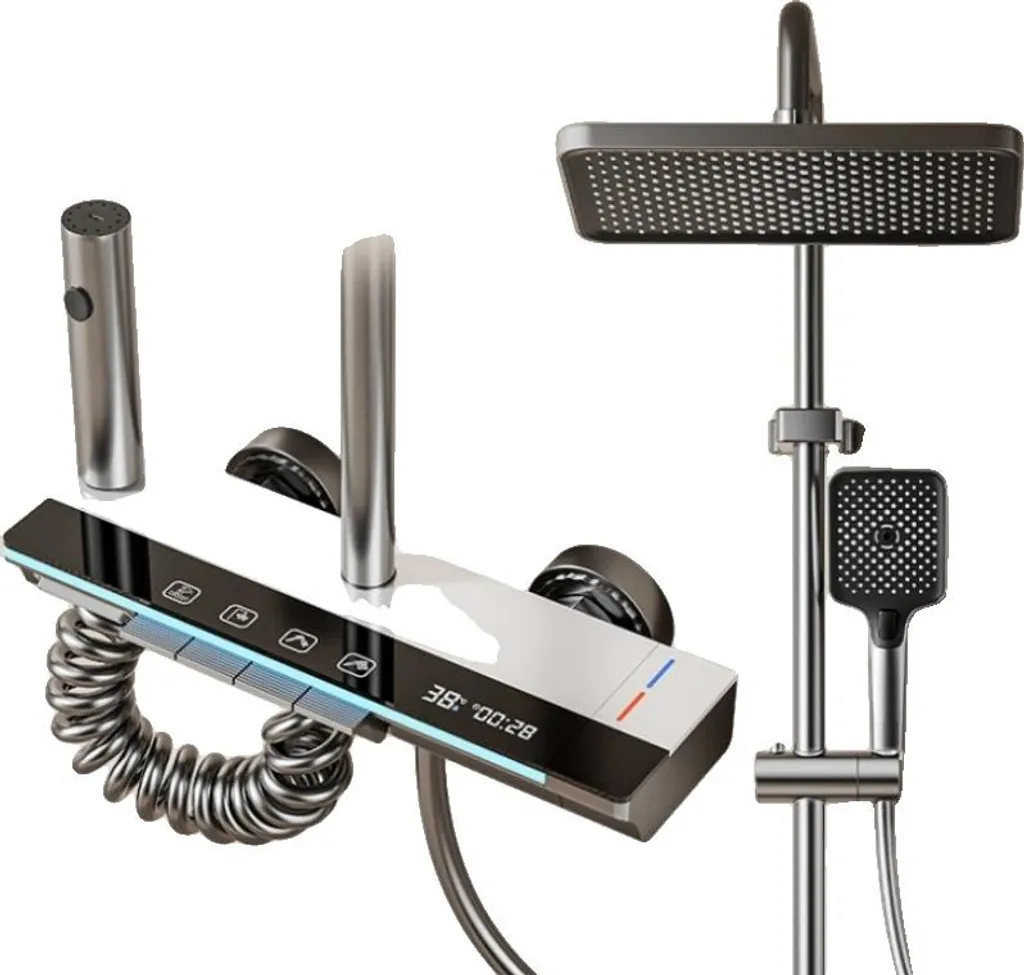 Set doccia, display digitale della temperatura, regolabile in altezza, bianco caldo/freddo