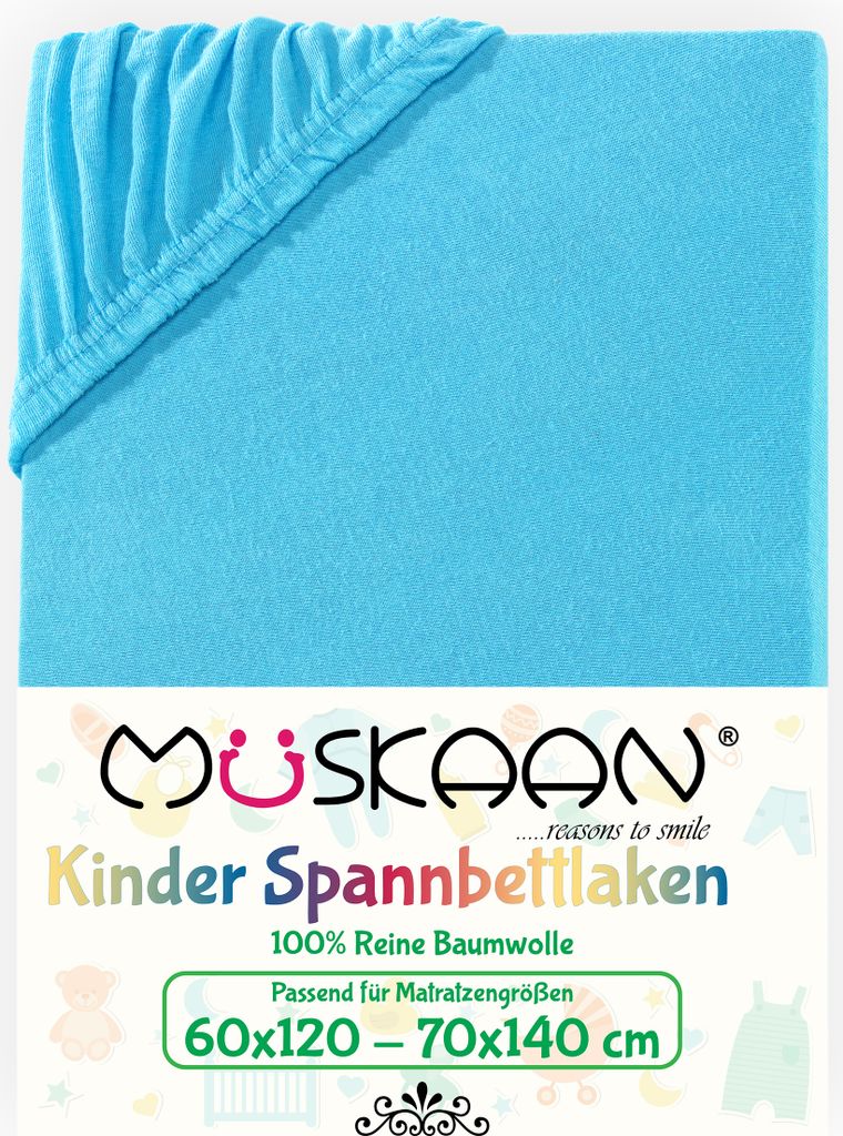 Müskaan Jersey Kinder Spannbettlaken 60x120 - 70x140 cm türkis bis 12cm Matratzenhöhe Gummizug Bettlaken 100% Baumwolle