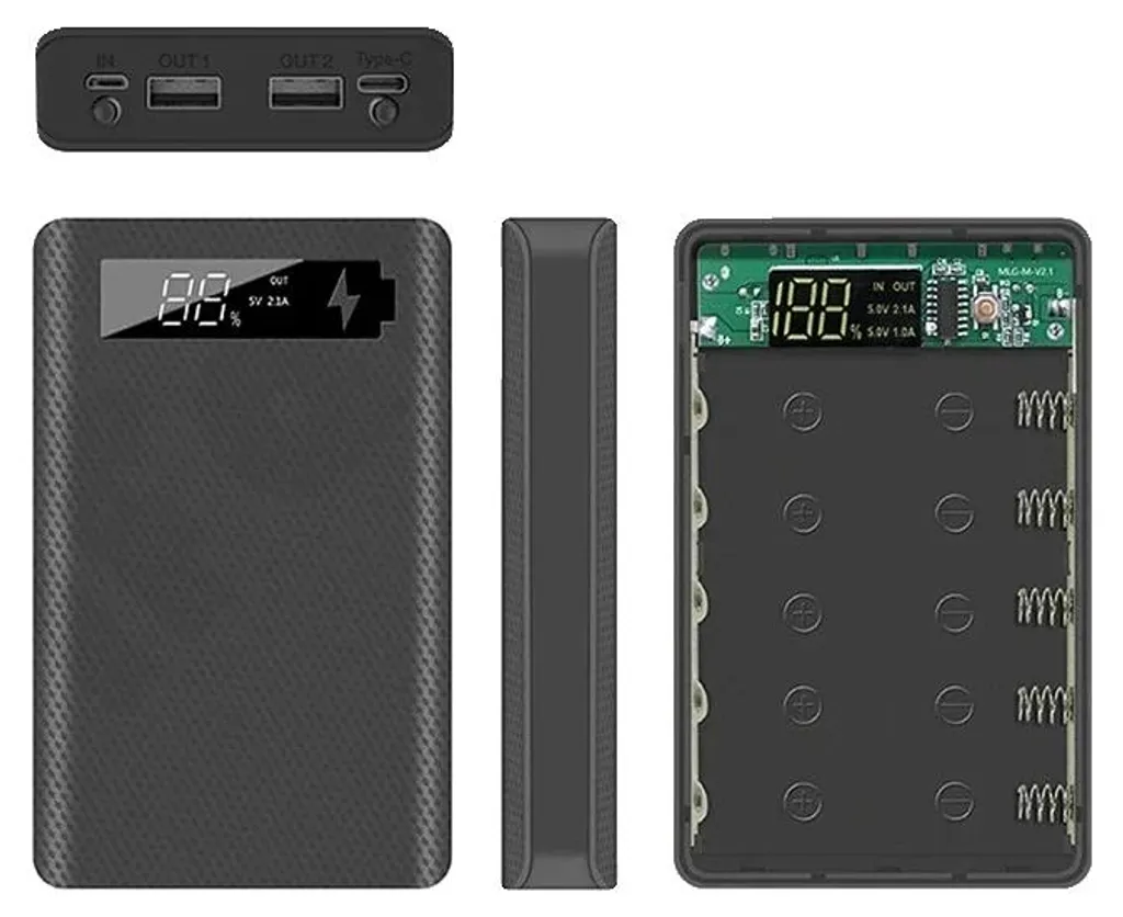 Boîtier anti-court-circuit pour 5 accus 18650 avec lampe LED