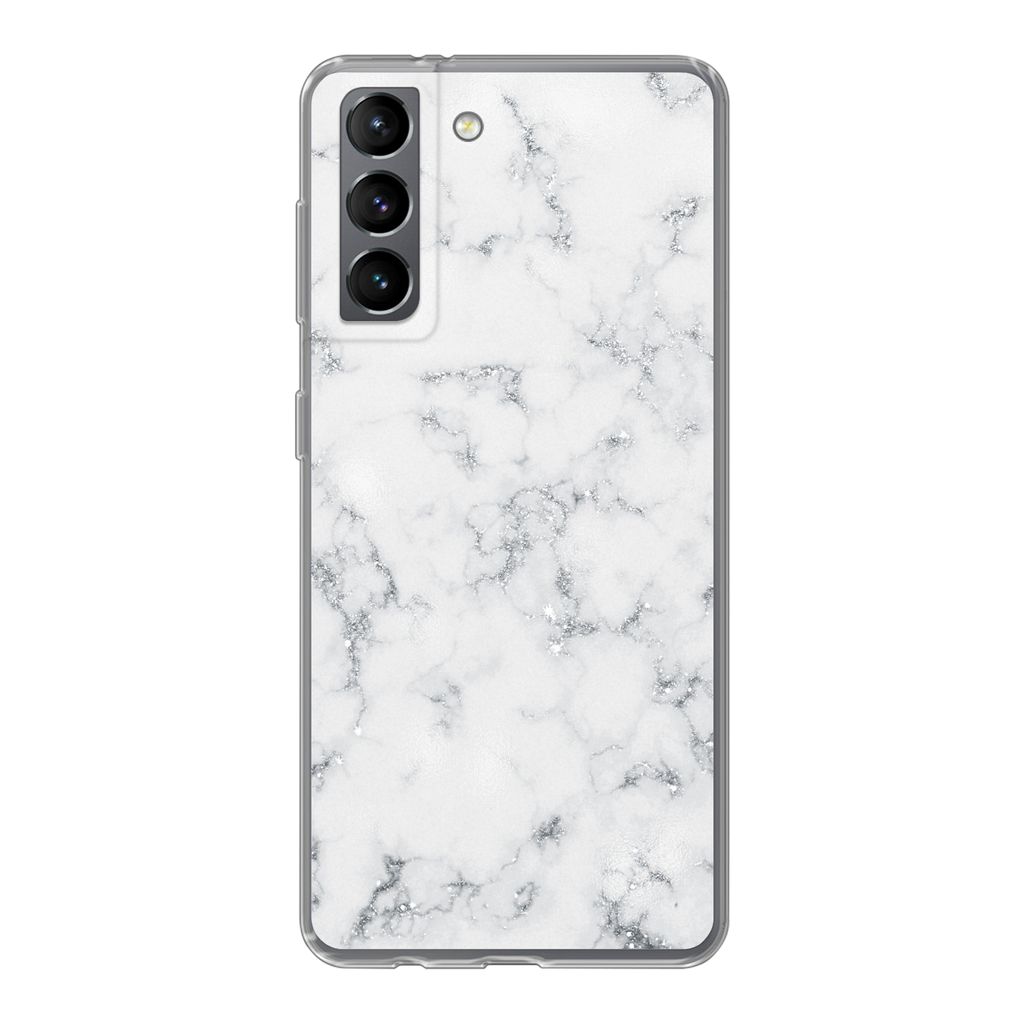 MuchoWow Handyhülle Schutzhülle Hülle für Samsung Galaxy S21 Marmor - Weiß - Silber - Glitter - Marmoroptik - Chic Silikon Softcase Handy H...