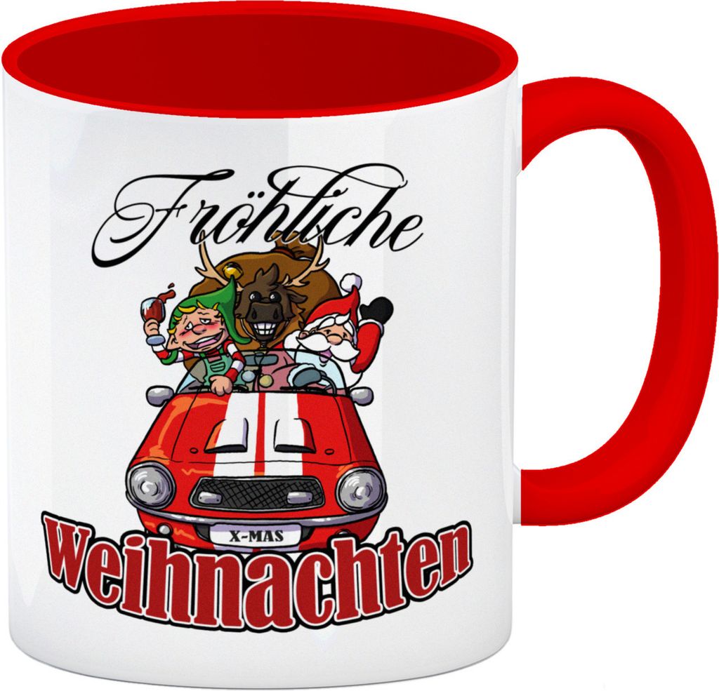 Fröhliche Weihnachten Kaffeebecher Rot mit lustigem Weihnachtsmotiv