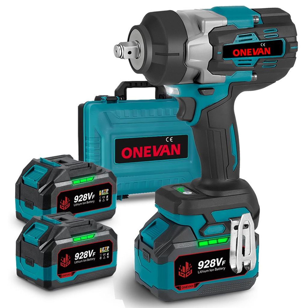 A cordless impact wrench set with two batteries and a carrying case, displayed on a white background.
