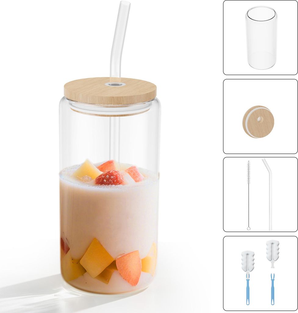 LZQ Cocktailgläser 6er 500 ml mit Deckel & Strohhalm, Trinkgläser für Cocktails, Eiskaffee, Limonade – Geschenkidee für Geburtstag & Weihnachten