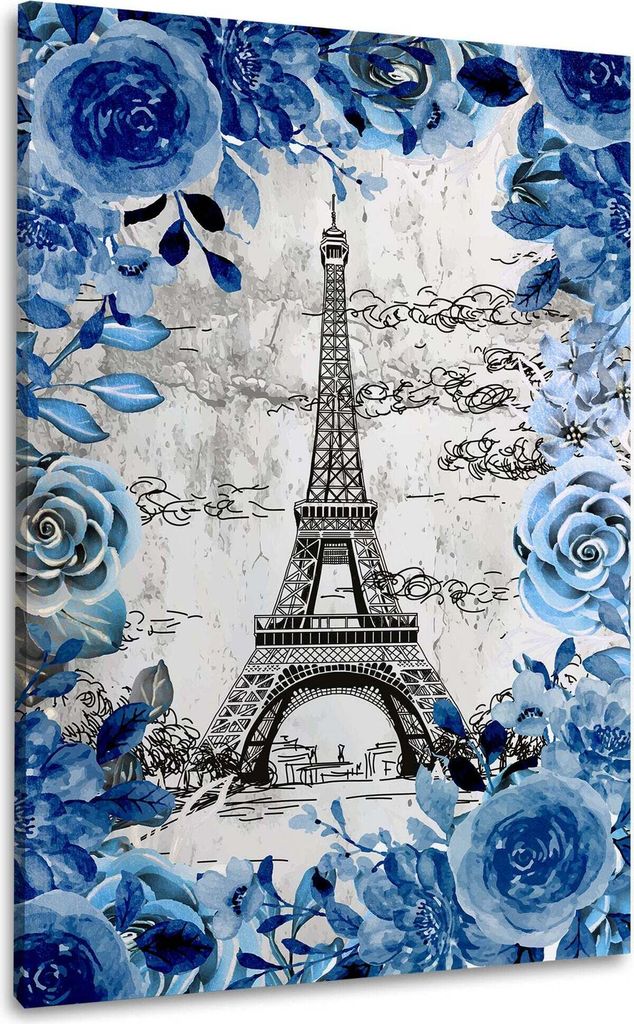 Paris im blauen Blumenrahmen Wandbild Leinwandbild Kunstdruck XL Wanddeko: 60x90x4cm