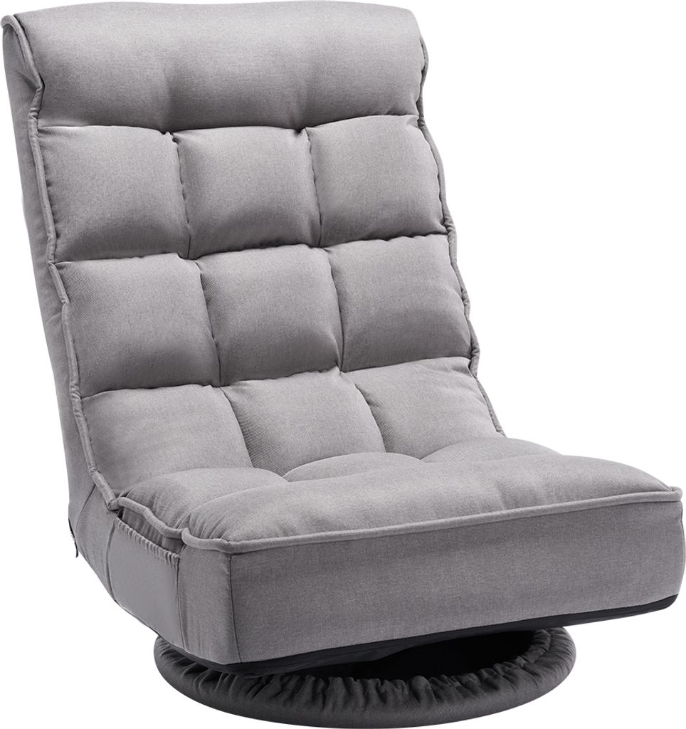 A gray floor chair with a swivel base.