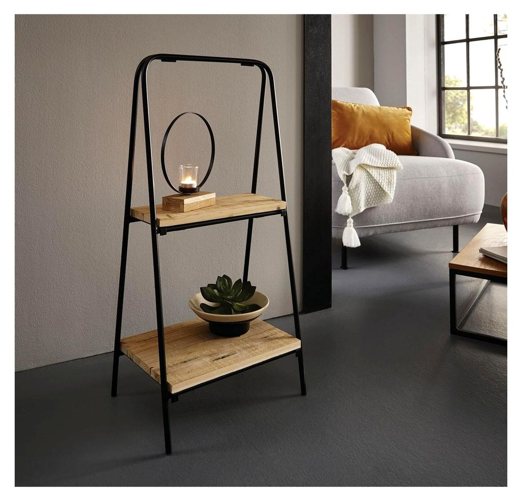 Regal aus Metall, schwarz mit 2 Böden aus recyceltem Holz, klappbar
