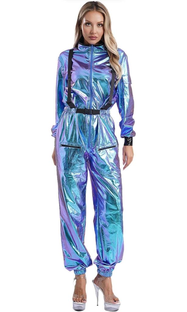 A woman is modeling a metallic astronaut costume.