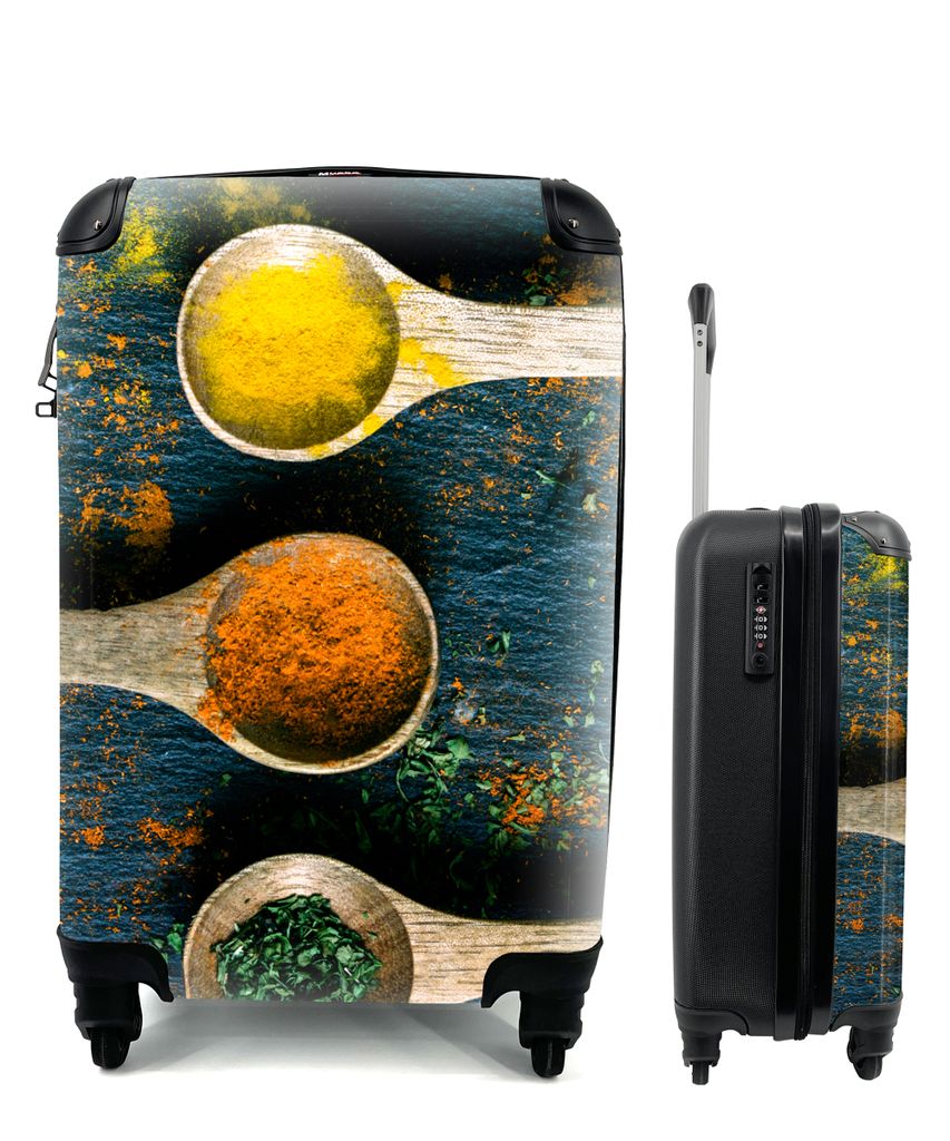 MuchoWow Koffer Handgepäck Trolley Rollkoffer Kleine Reisekoffer mit 4 Rollen - Gewürze - Löffel - Kräuter - Braun - Gelb - Grün - Cabin Siz...