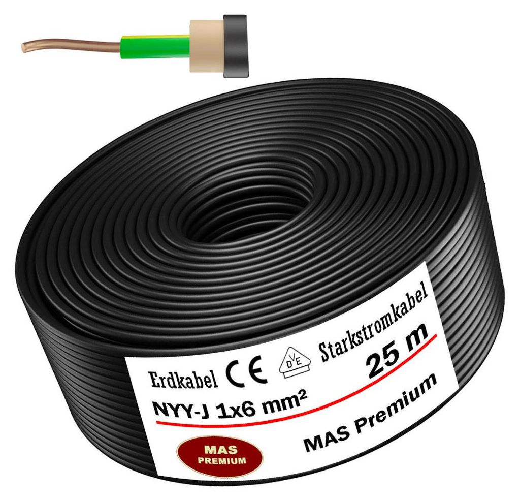 25m Erdkabel Starkstromkabel NYY-J 1x6 mm² Elektrokabel OFC Produktbild 