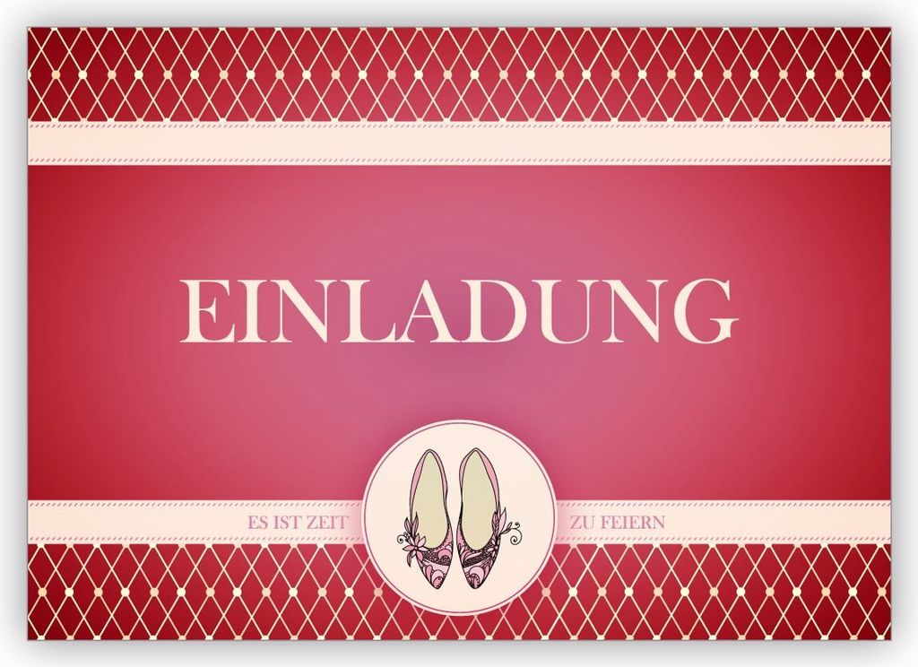4x Edle Party Einladungskarte mit Cinderella Schuhen in rot: Einladung es ist Zeit zu feiern