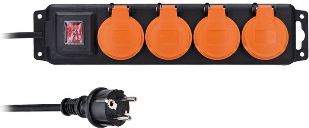 Solight Verlängerungskabel IP44, 4 Steckdosen, Gummikabel, Schalter, Outdoor, 10m