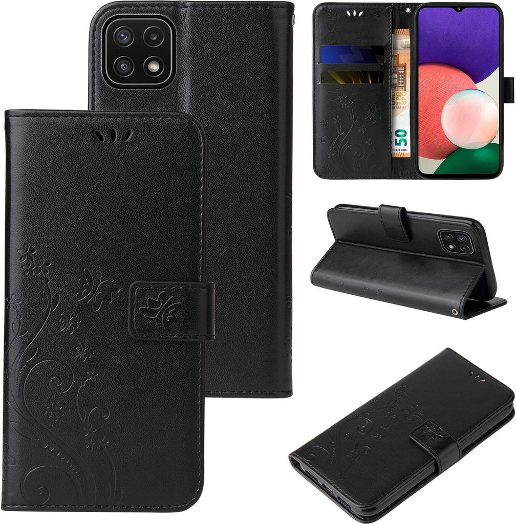 A collage of images showing a black floral patterned flip phone case from different angles, including one showing it open with cards and cash inside, and another showing it propped up as a stand.