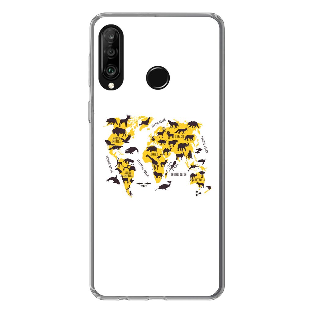 MuchoWow Handyhülle Schutzhülle Hülle für Huawei P30 Lite Weltkarte - Tiere - Gelb Silikon Softcase Handy Hülle - Handyhülle