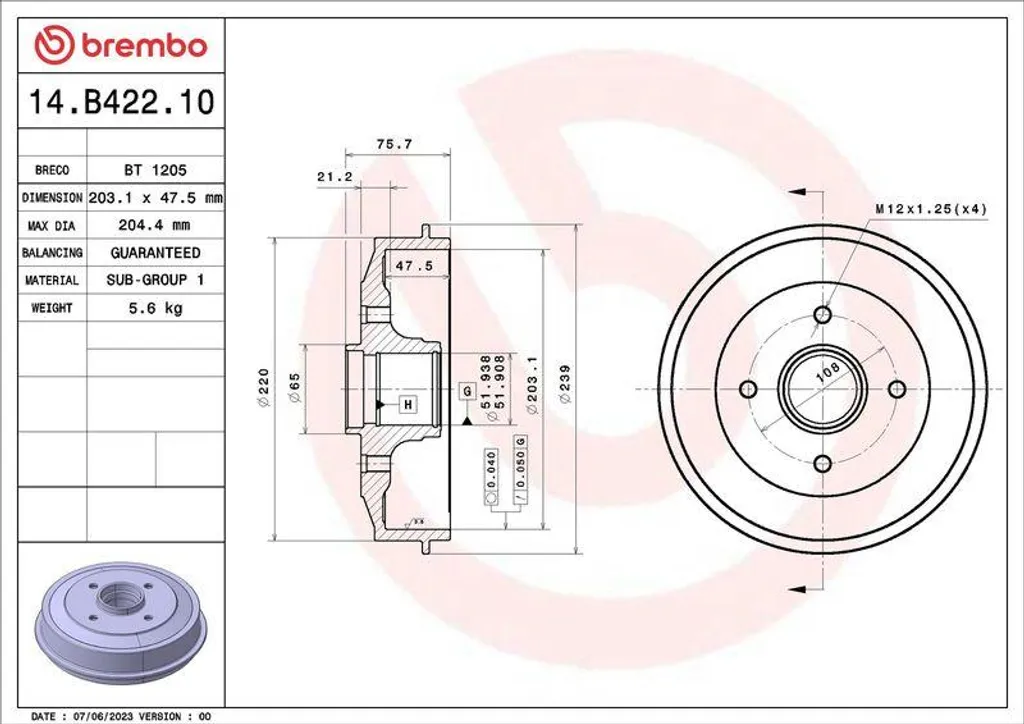 Tambour de frein Brembo 14.B422.10 haute résistance avec moyeu intégré