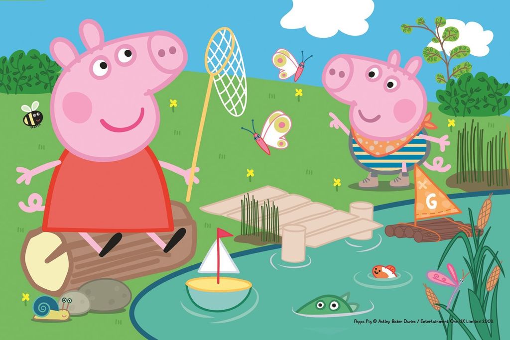 Peppa Pig characters are playing outdoors by a pond, with butterflies and insects around.