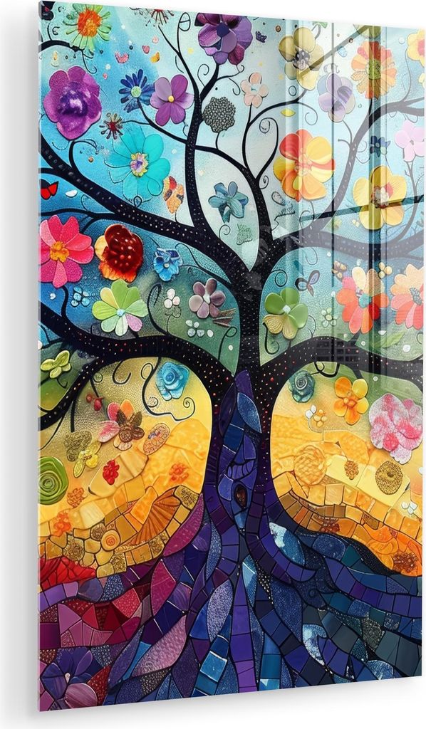 MuchoWow Glasbilder - Bilder auf Wandbild - Foto auf Glas Baum - Bunt - Blumen - Kunst - Abstrakt 60x90 cm Wanddekoration aus Glas - Acrylglasbild ...