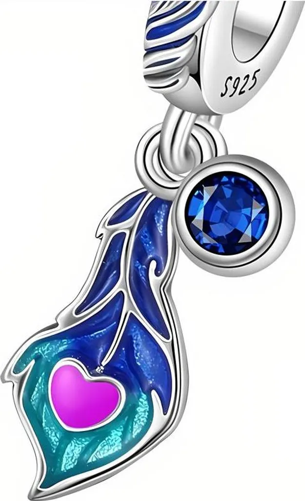 Charm Piuma di Pavone Colorata Argento 925 Compatibile Pandora Trusky
