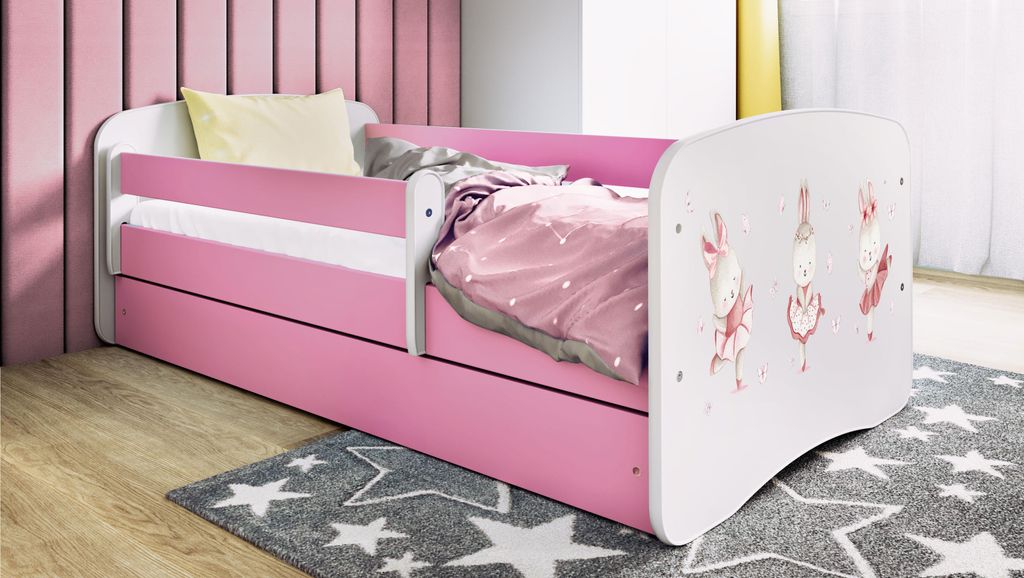 Kinderbett Jugendbett Kaninchen mit Schmetterlingen 70x140, 80x160, 80x180 cm - Komplettset mit Schublade & Rausfallschutz