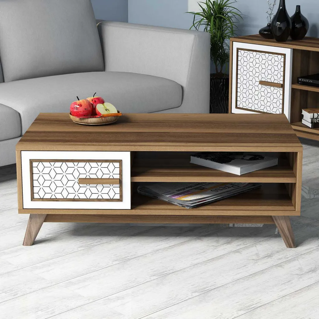 Skye Decor Ayla - Table Basse Noyer et Blanc en Bois Mélaminé 105x60 cm