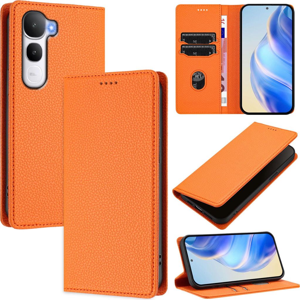 Litchi Leder Handyhülle für vivo Y400 5G Wallet Kartenfächer Standfunktion Hülle Orange