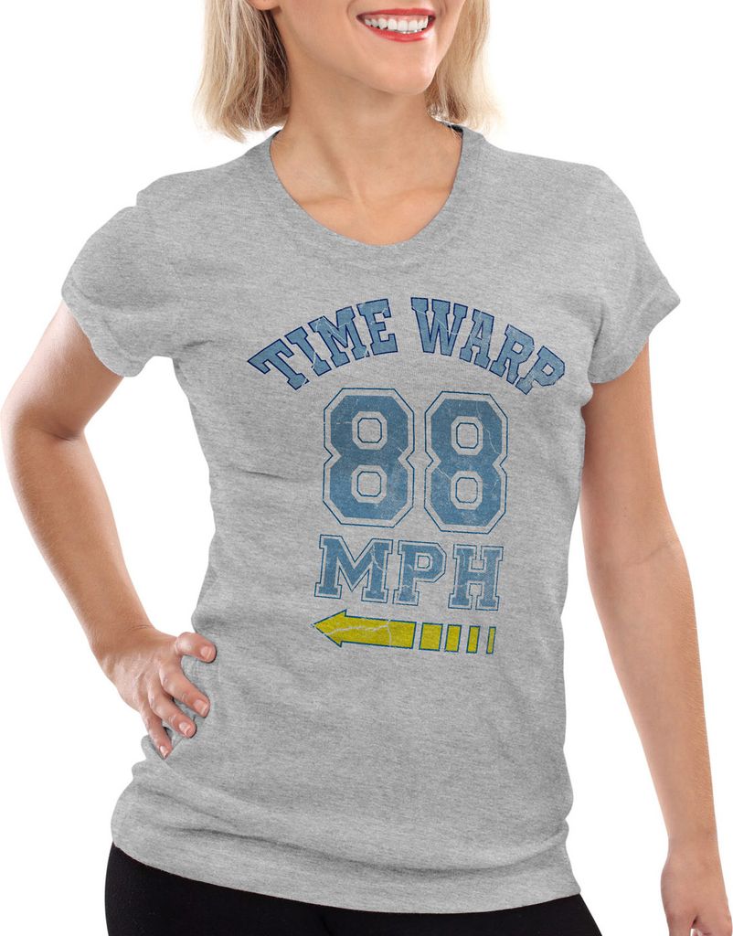 style3 Time Warp 88mph Damen T-Shirt Zukunft McFly Marty Gamer College, Farbe:Grau meliert, Größe:XL