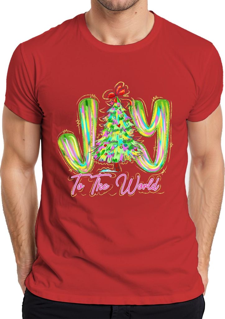 Joy To The World Christmas Tree Neon Glitter Festive Gift Holiday Herren T-Shirt, Rot, S