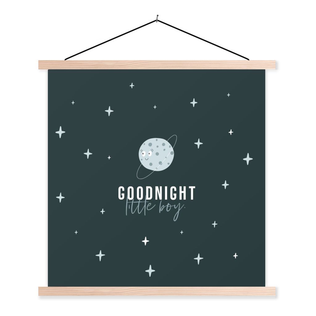 MuchoWow Textilposter Zitate - Gute Nacht kleiner Junge - Baby - Sprichwörter - Kinder - Kinder 120x120 cm mit holzfarbenen Rahmen - Textil-Poster