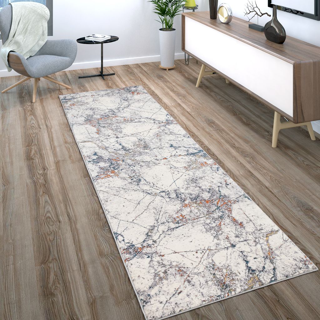 Teppich Wohnzimmer Vintage Kurzflor Modernes Abstraktes Muster Creme Blau Rot Grösse 80x150 cm