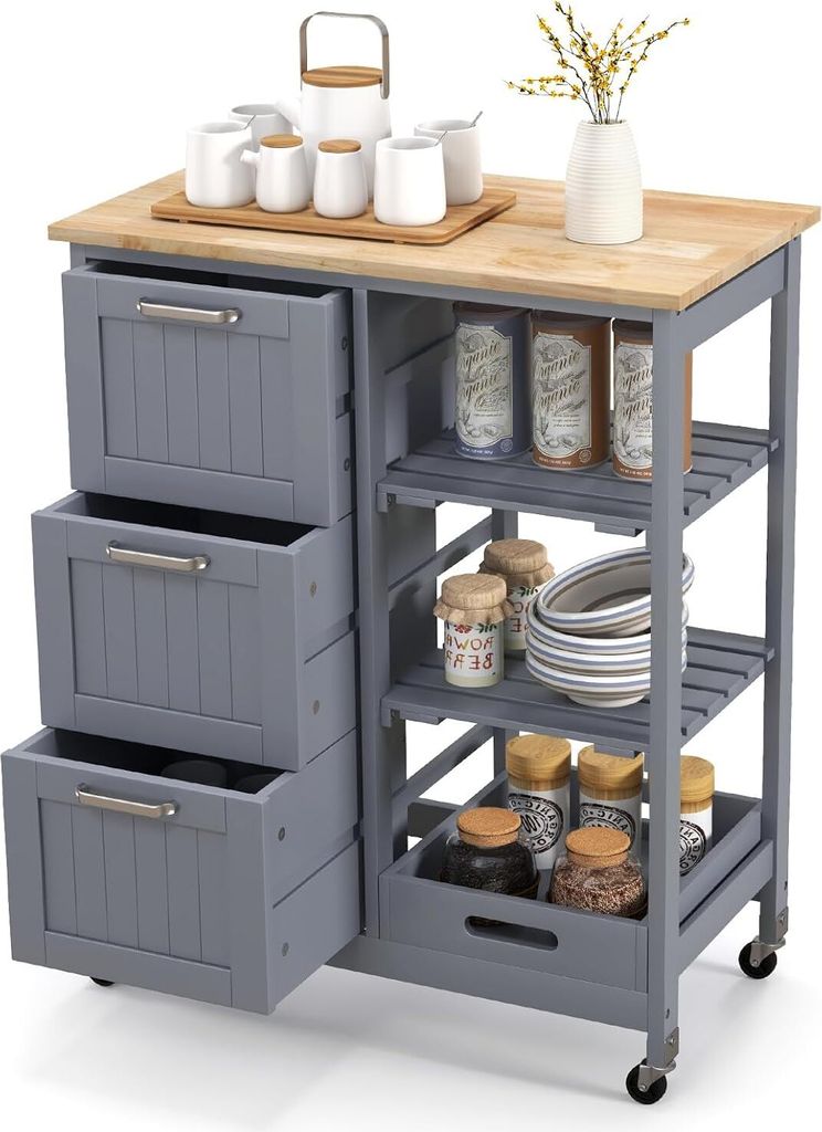 A grey kitchen cart with a wooden top, drawers, and shelves filled with jars and bowls.