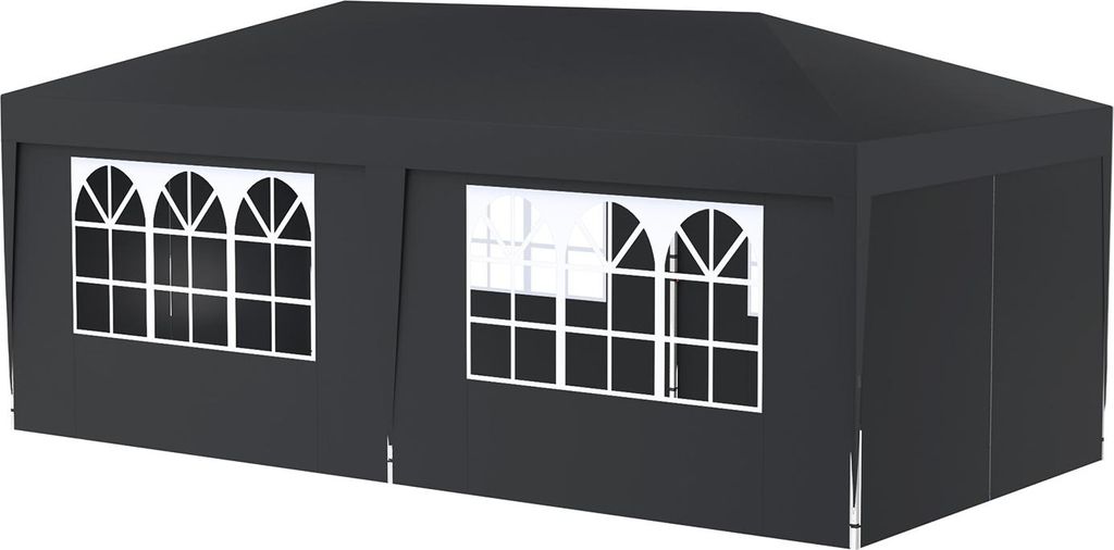 A black pop-up tent with white-framed windows is shown against a white background.