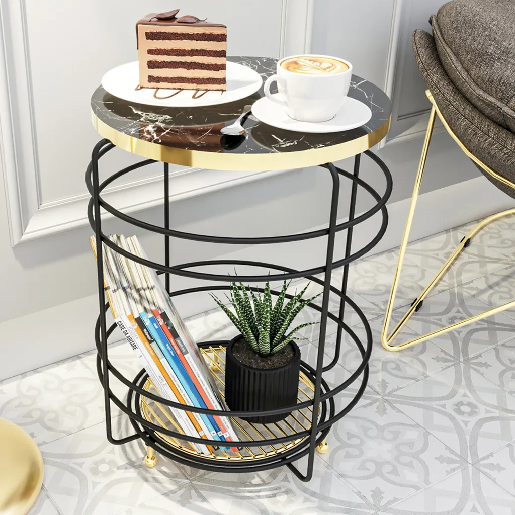 Bout de canapé rond Padasjoki style marbre et métal noir Ø 40 cm